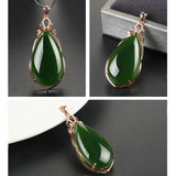 18k Rose Filled Green Jade Emerald Gemstones Diamonds Drop Pendant Necklace