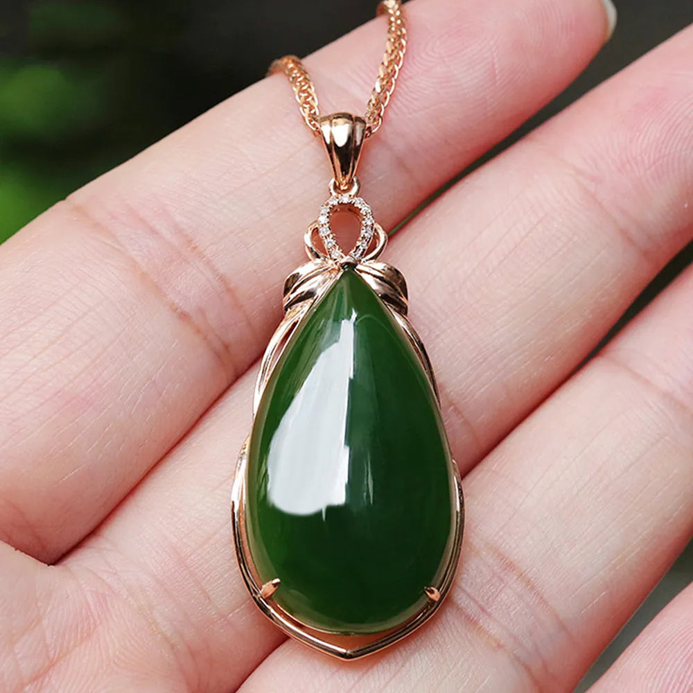 18k Rose Filled Green Jade Emerald Gemstones Diamonds Drop Pendant Necklace
