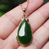 18k Rose Filled Green Jade Emerald Gemstones Diamonds Drop Pendant Necklace