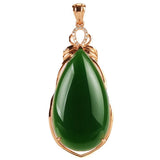 18k Rose Filled Green Jade Emerald Gemstones Diamonds Drop Pendant Necklace