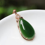 18k Rose Filled Green Jade Emerald Gemstones Diamonds Drop Pendant Necklace