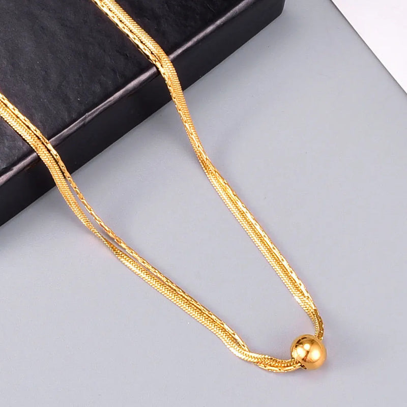 18k Yellow Snake Bone Round Bead Double Necklace for Women