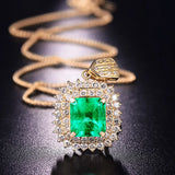 18k Square Green Crystal Emerald Diamond Pendant Necklace Women Jewelry