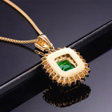 18k Square Green Crystal Emerald Diamond Pendant Necklace Women Jewelry