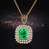 18k Square Green Crystal Emerald Diamond Pendant Necklace Women Jewelry