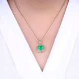 18k Square Green Crystal Emerald Diamond Pendant Necklace Women Jewelry