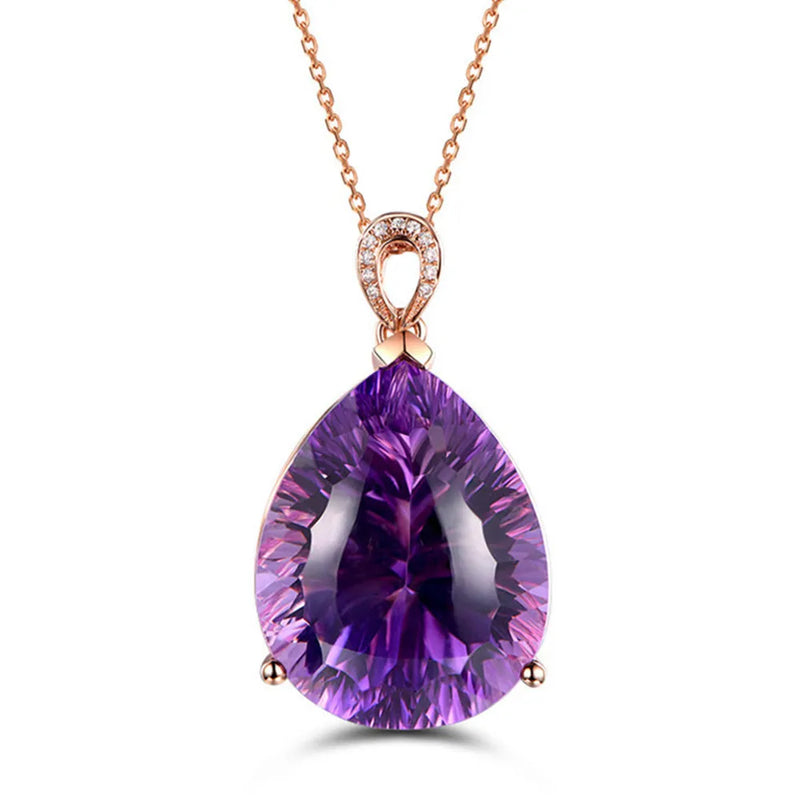 18k Rose Big Amethyst Crystal Pendant Necklace for Women