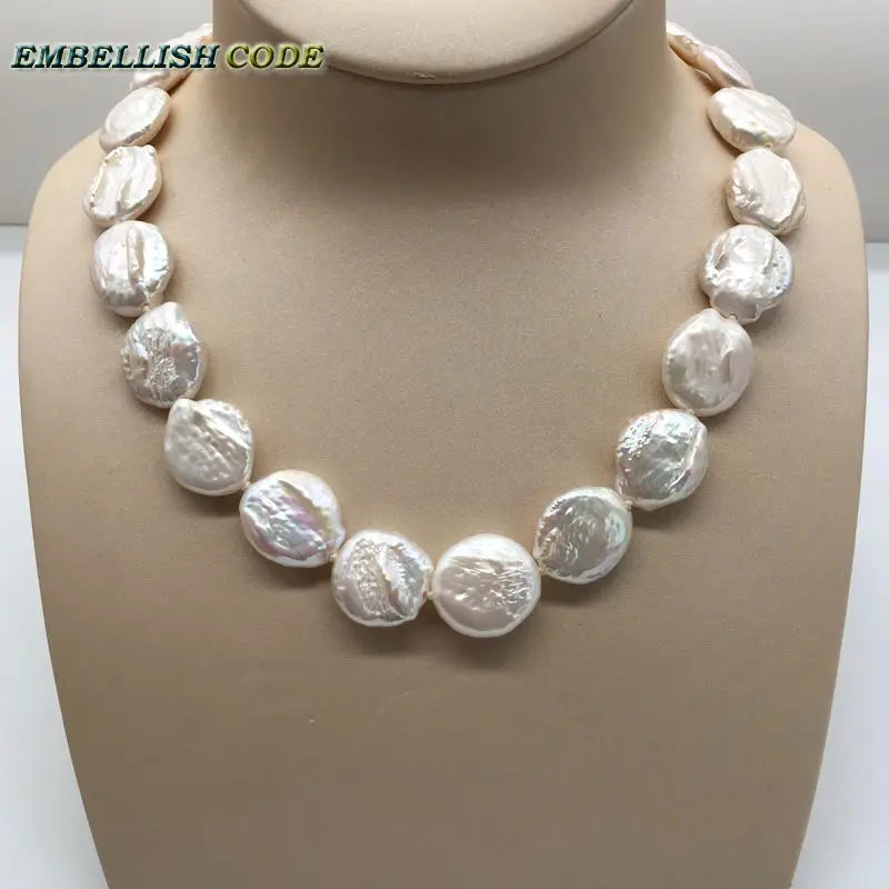 Baroque Pearl Choker Necklace Flat Round Coin Shape Natural Freshwater Pearls