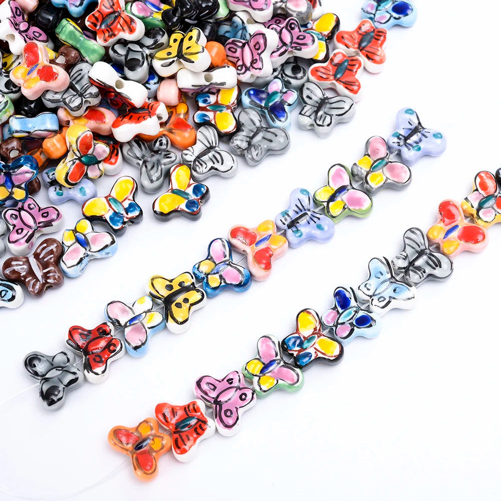 18mm Butterfly Pattern Ceramic Beads Ink Painting Porcelain Hole Bead