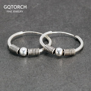 925 Sterling Silver Hoop Earrings Retro Thai Silver Circle Women Jewelry