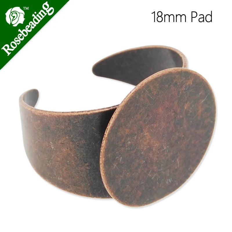 18mm Antique Copper Adjustable Ring Blanks with Pad - 20pcs