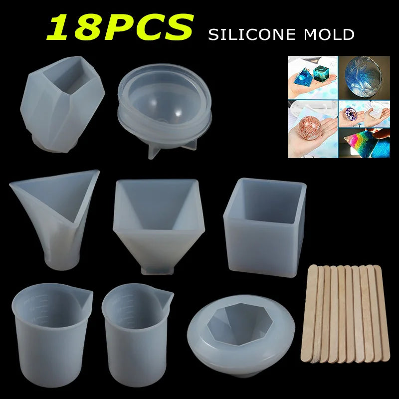18pcs Resin Molds Sphere Cube Pyramid Cone Silicone Jewelry Making Tools