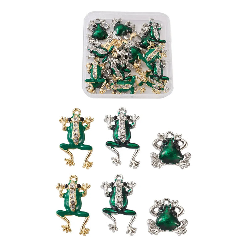 18pcs Frog Shape Alloy Enamel Pendants Crystal Rhinestones Charms