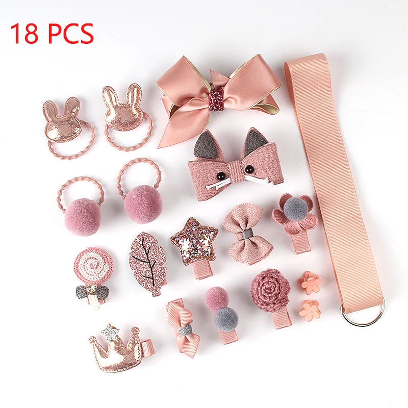 18pcs Kids Cartoon Hair Clip Girl Baby Bow Hairpin Hair Rope Hair Ring Circle