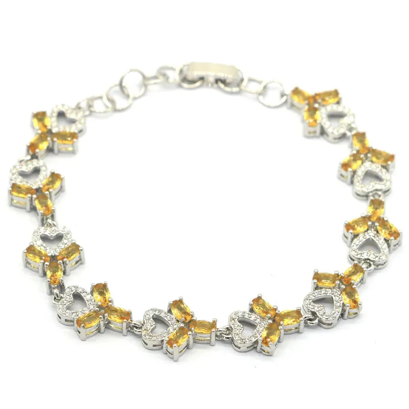 Golden Citrine Pink Kunzite Zircon Silver Bracelet 8-9inch
