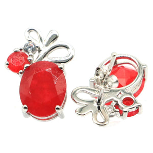 925 Silver Stud Earrings Golden Citrine Real Red Ruby CZ Jewelry