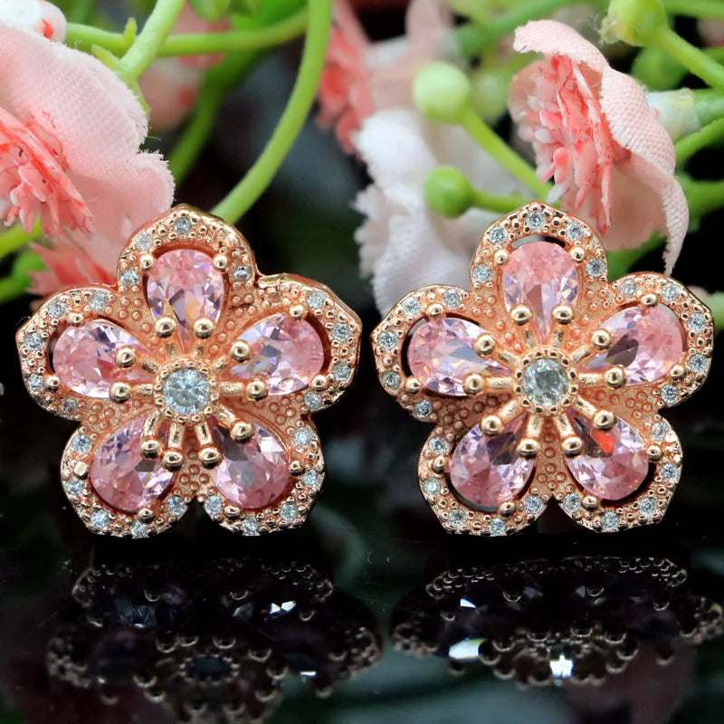 Lovely Flowers Pink Kunzite CZ Rose Silver Stud Earrings