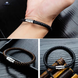 Magnetic Clasp Woven Brown Leather Bracelet for Men Women Thin Male Bracelets