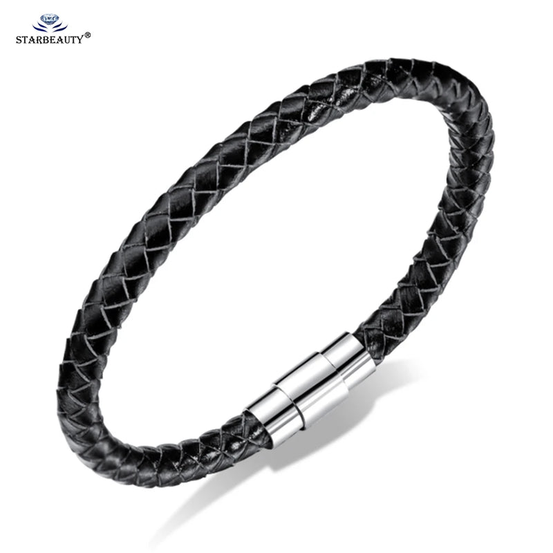 Magnetic Clasp Woven Brown Leather Bracelet for Men Women Thin Male Bracelets