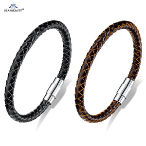 Magnetic Clasp Woven Brown Leather Bracelet for Men Women Thin Male Bracelets