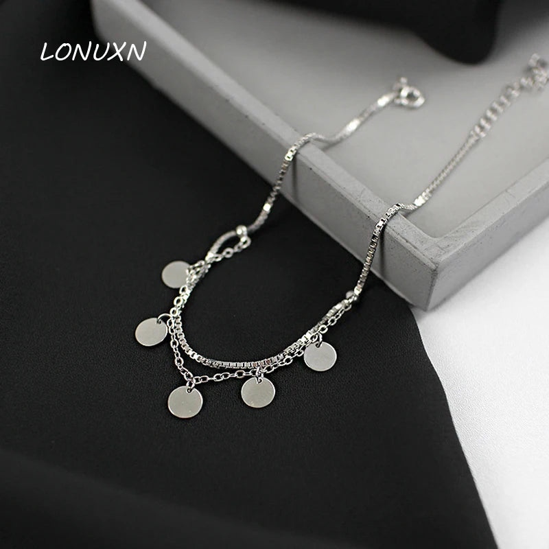 925 Silver Tassel Anklet Double Layer Circular Round Gift