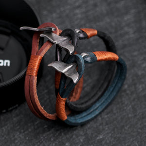 Men's Leather Bracelet with Stainless Steel Whale Tail Charm
