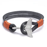 Men's Leather Bracelet with Stainless Steel Whale Tail Charm