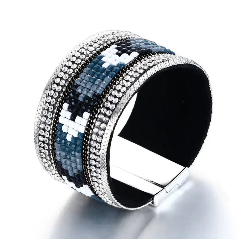 19.5CM Alloy Leather Bracelet Magnetic Buckle Rhinestones High Women Bangles