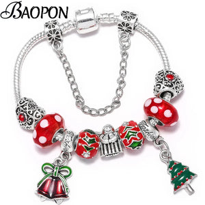 Christmas Tree & Bell Pendant Charm Bracelet Silver Bracelet