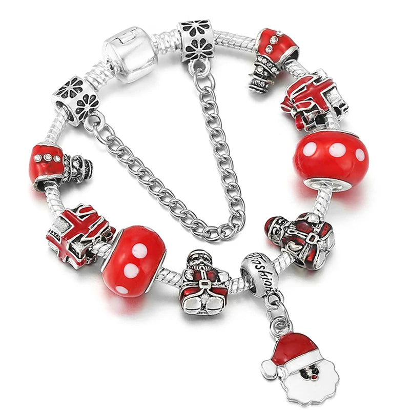 Christmas Tree & Bell Pendant Charm Bracelet Silver Bracelet