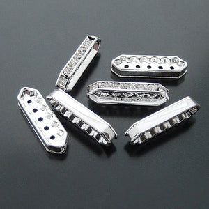 6PCS 26x7MM Rectangle Spacer Beads Silver Brass Rhinestone 5 Holes