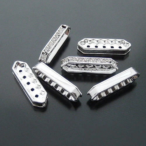 6PCS 26x7MM Rectangle Spacer Beads Silver Brass Rhinestone 5 Holes