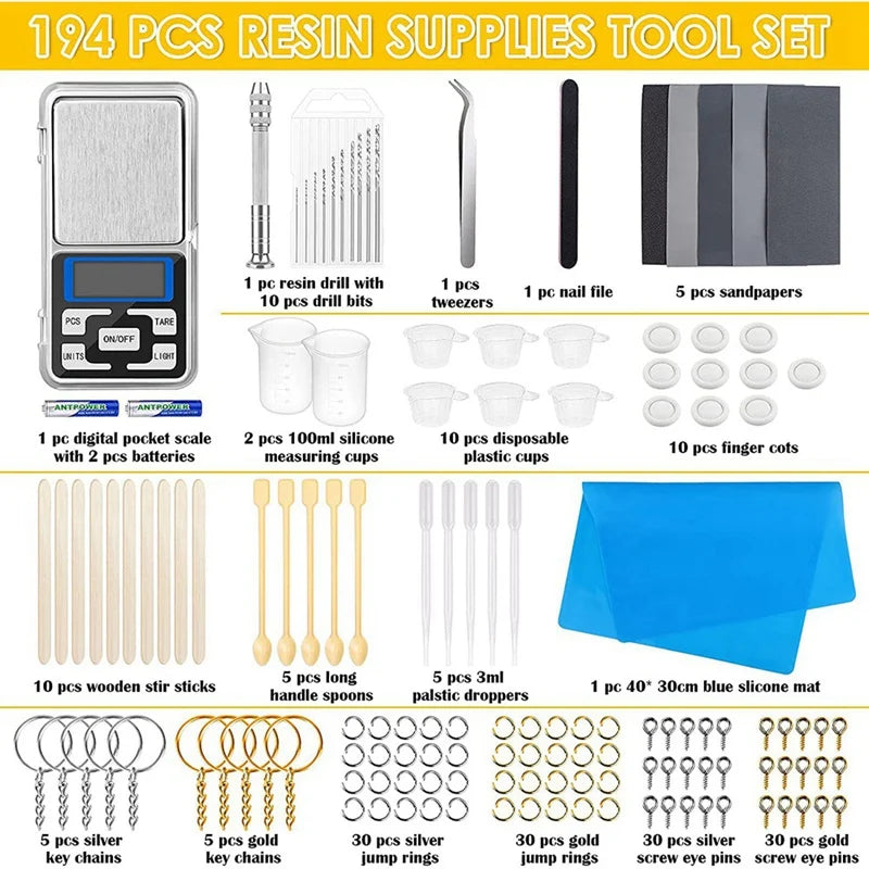 194 Pc Resin Tools Kit w/ Digital Scale, Craft Mat, Bits, Mix Cup, Sandpaper