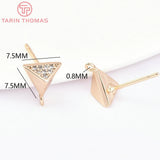 4PCS 7.5MM 24K Brass Zircon Triangle Stud Earrings