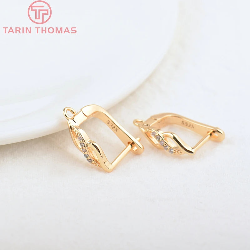 4PCS 11.5x13.5MM 24K Brass Zircon Earrings Hoop DIY Jewelry Making Findings