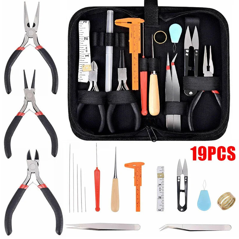 19Pcs Jewelry Making Repair Tool Kit Plier Needles Tweezers Caliper Awl Scissors