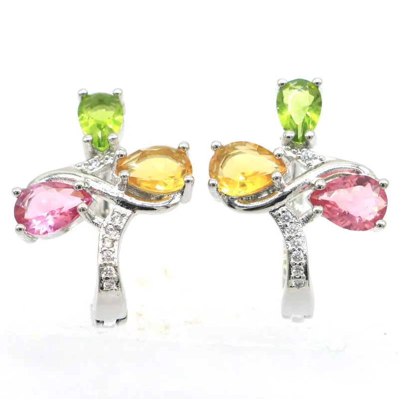 Pink Morganite Golden Citrine Green Peridot CZ 925 Silver Earrings