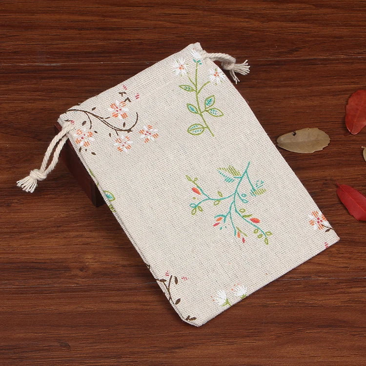 Pink Flower Cotton Bags Drawstring Jewelry Gift Bag Cartoon Character Printed