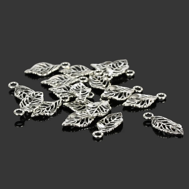 100Pcs Leaf Charm Antique Silver Plated Pendant Jewelry DIY Pendants