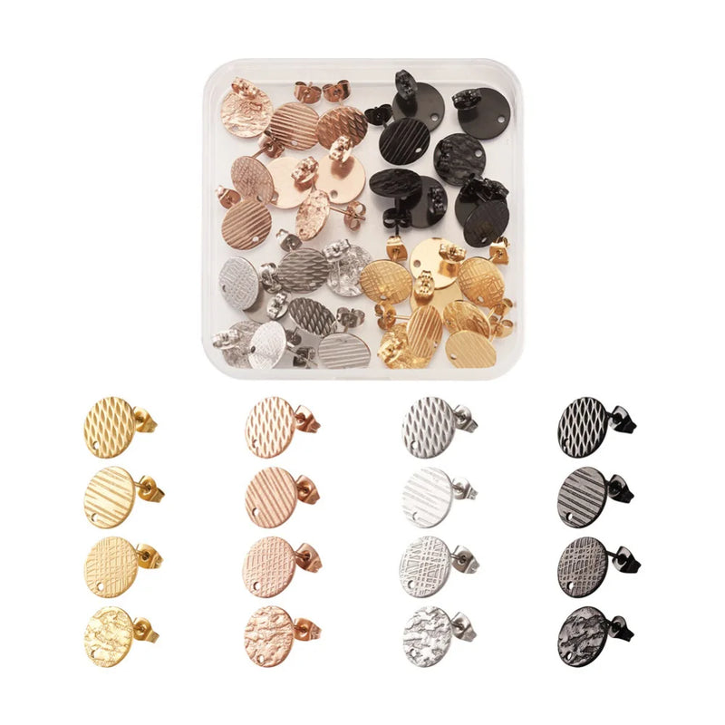 304 Stainless Steel Flat Round Ear Stud Findings with Ear Nuts, Mix