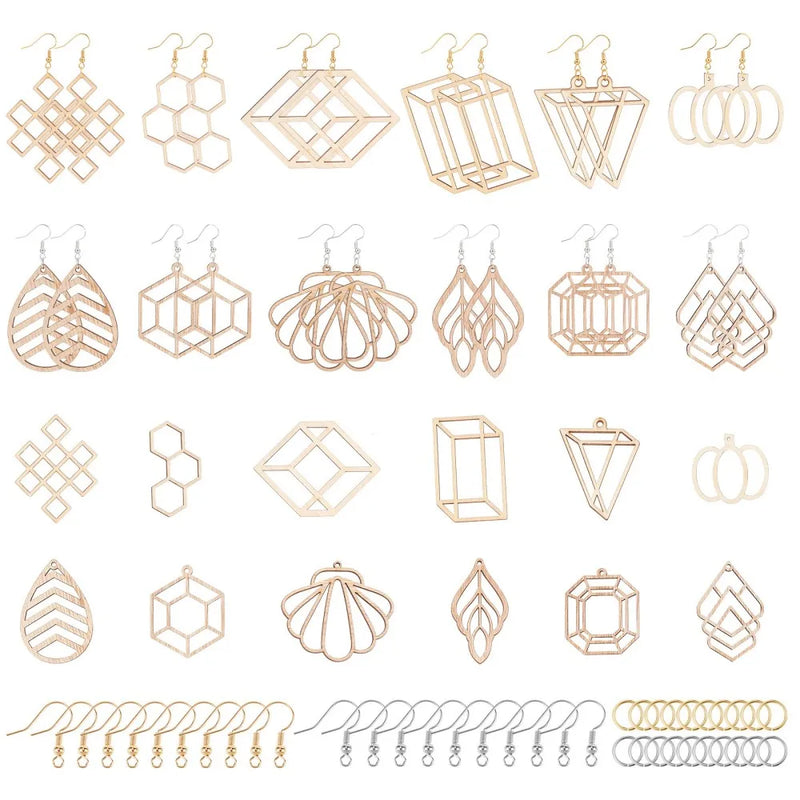 12 Pairs Wood Earring Making Kit Geometric Charms Hooks Findings