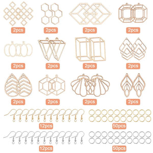 12 Pairs Wood Earring Making Kit Geometric Charms Hooks Findings