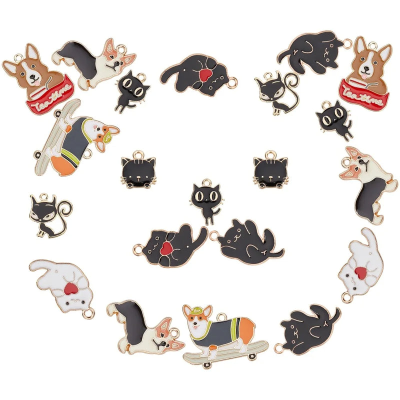 36pcs Mixed Cat & Dog Enamel Pendants, Golden Plated Zinc Alloy