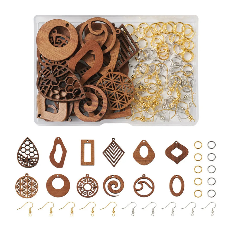 Walnut Wood Leaf Teardrop Earring Pendants with Hook Rings