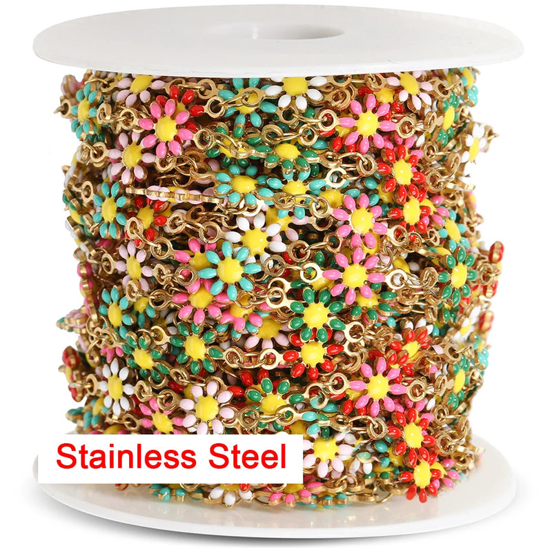 7mm Stainless Steel Chain Enamel Daisy Flower KC Beaded Chains DIY Jewelry