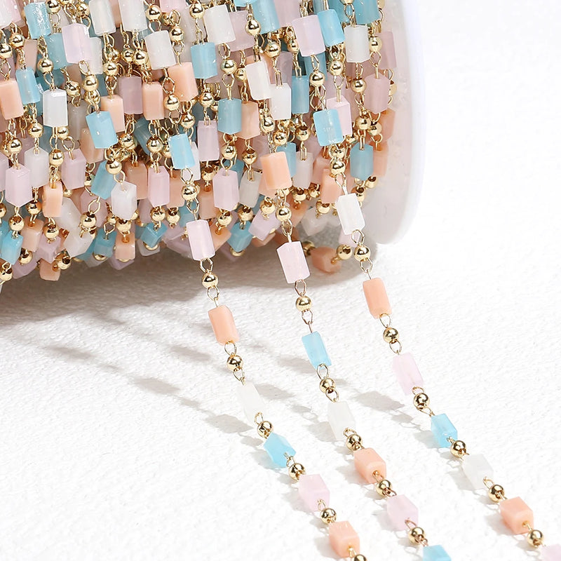 1M Bohemian Cube Bead Chains Cream Necklace Pink Beaded Chains for Bracelets DIY