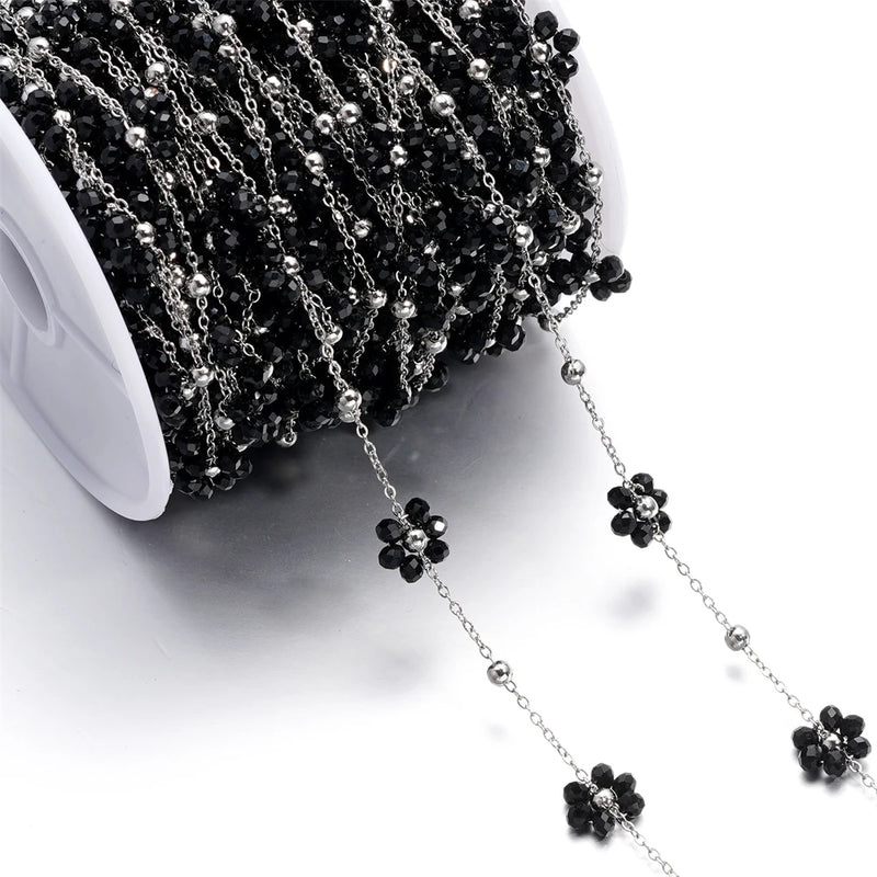 Stainless Steel Pink Crystal Flower Stone Beads Chain for DIY Jewelry