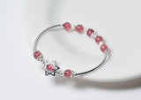 925 Silver Rose Quartz & Star Flower Charms Bangle Bracelet