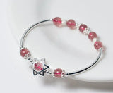 925 Silver Rose Quartz & Star Flower Charms Bangle Bracelet
