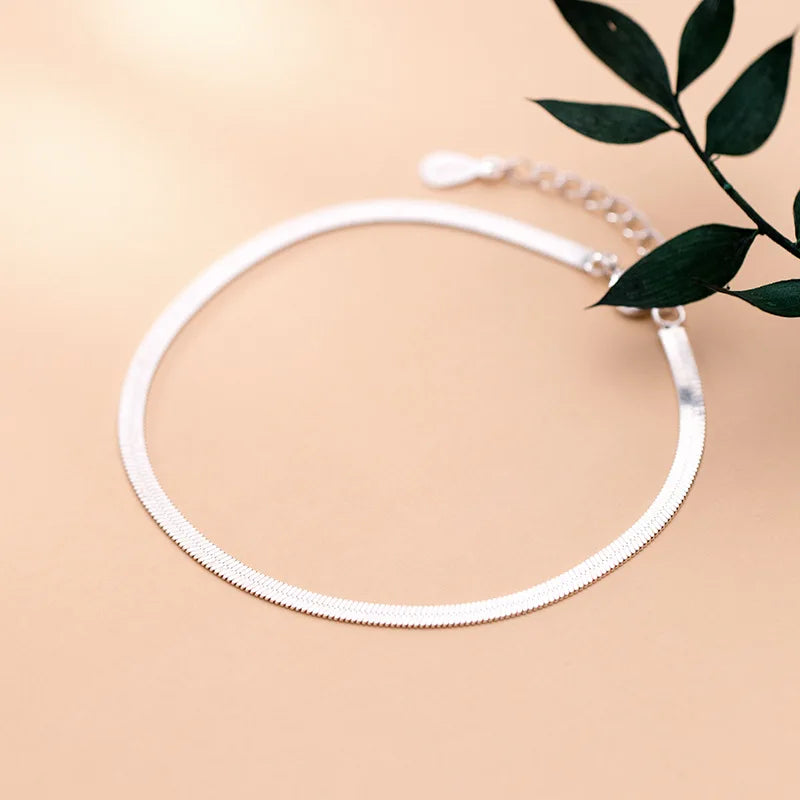925 Sterling Silver Flat Chain Anklet Bracelet Women's GTLS884